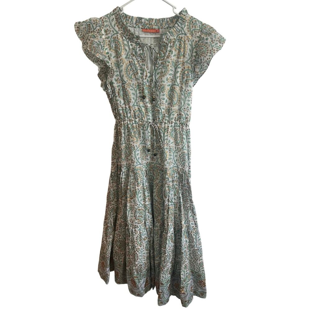 Oliphant Floral Lined Flutter Sleeve Dress 100% Cotton Green Gold White Sz S